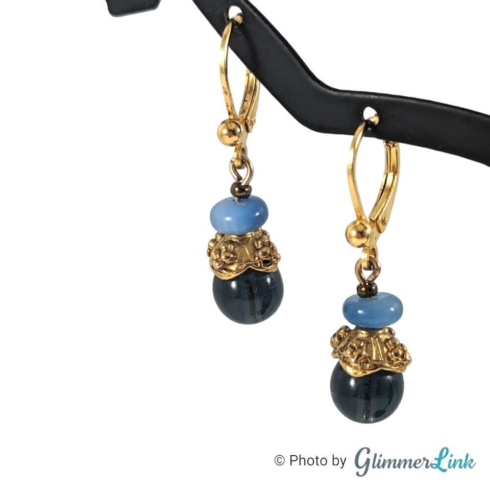 Blue Beaded Tiered Ornate Gold Tone Lever Back Dangle Pierced Earrings